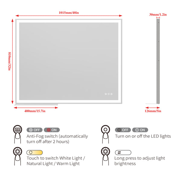 English Elm 32x40 LED Bathroom Vanity Mirror Silver Frame IP44 Anti-Fog Touch Dimmer Memory Tray Modern Smart W708P176758