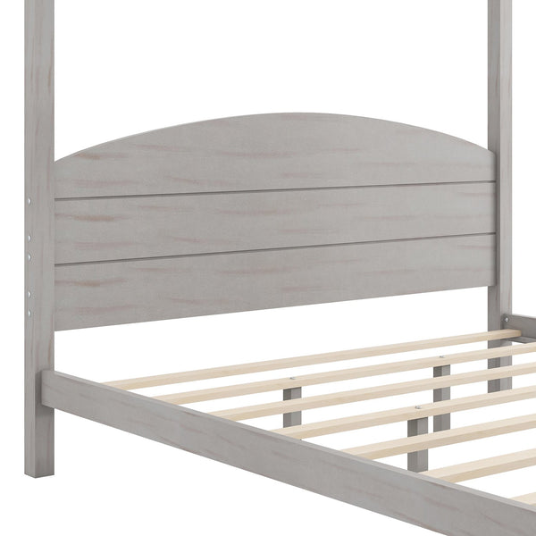 English Elm King Canopy Platform Bed with Headboard and Support Legs — Modern Pine Wood Frame, Sturdy 650lb Capacity Grey WF309291AAE