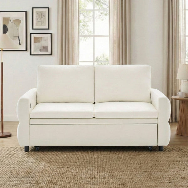 English Elm Convertible Chenille Sleeper Loveseat with Usb Ports and Reclining Backrest for Small Spaces Beige N719P390439A