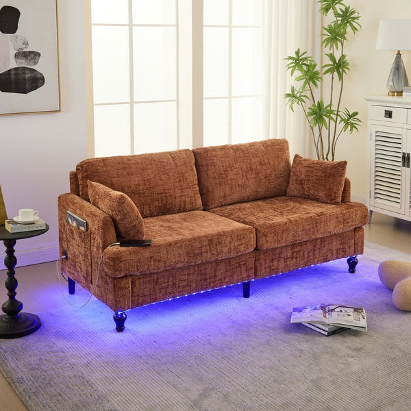 English Elm Modern chenille 2-seater sofa with LED lighting, USB charging, storage pocket, sturdy wood legs Orange W395P318543