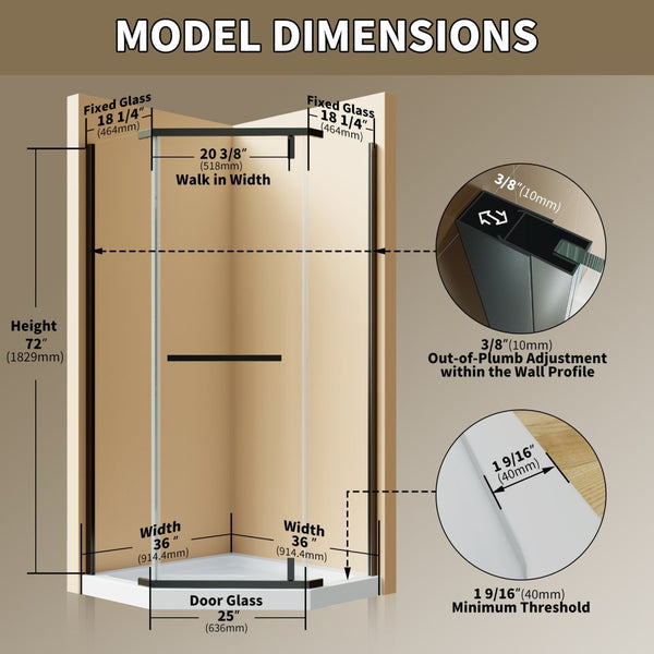 English Elm Corner Frameless Neo-angle Pivot Shower Enclosure with Tempered Glass and Sleek Hardware W637P348794