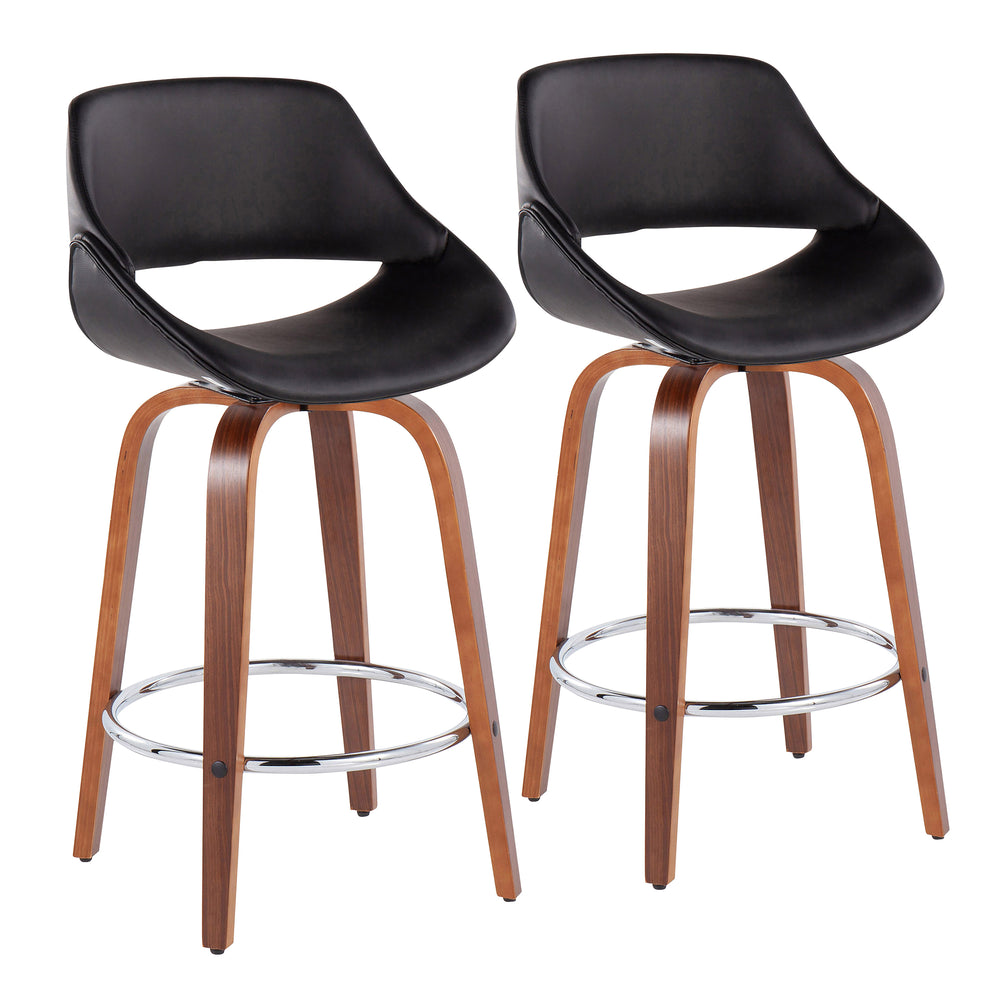 English Elm Fabrico Mid-Century Modern Counter Stool Set Of 2 In Walnut Wood & Black Faux Leather With Chrome Footrest B202S00253