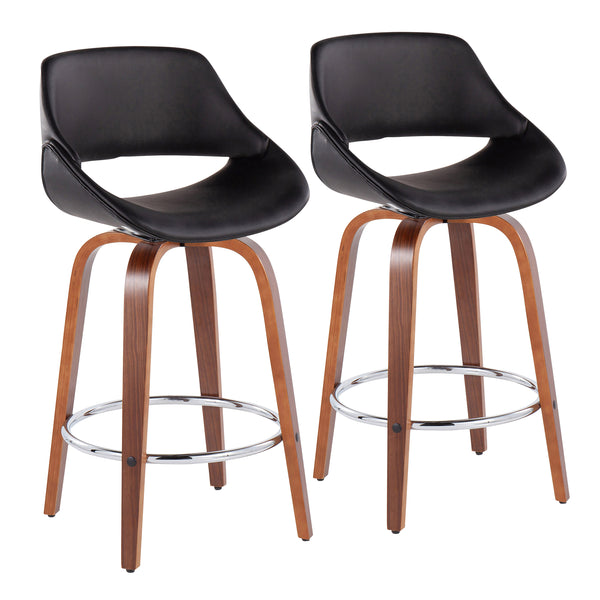 English Elm Fabrico Mid-Century Modern Counter Stool Set Of 2 In Walnut Wood & Black Faux Leather With Chrome Footrest B202S00253