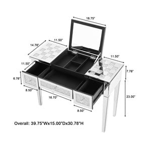 English Elm Mirrored Checkerboard Vanity Desk with Cushioned Diamond Inlay & Crystal Ball Handles, 45.5"L N844P304363S