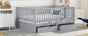 English Elm Full Size Pinewood Kids Daybed with Fence Rails Split Floor Bed and Storage Drawers Gray LP100882AAE