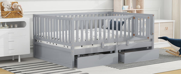 English Elm Full Size Pinewood Kids Daybed with Fence Rails Split Floor Bed and Storage Drawers Gray LP100882AAE