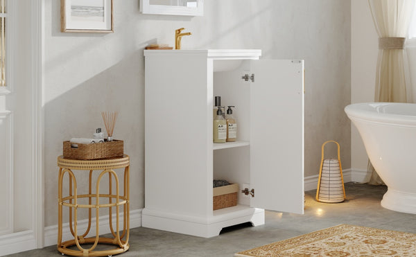 English Elm 16-inch French Bathroom Vanity with Ceramic Undermount Sink, Soft-Close Door, Vintage Carvings, White N710P330979K