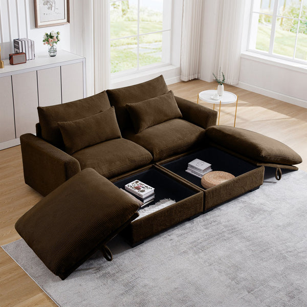 English Elm Corduroy Two-Seater Sofa With Storage Footrests - Versatile Modular Sectional For Modern Living W714S00658