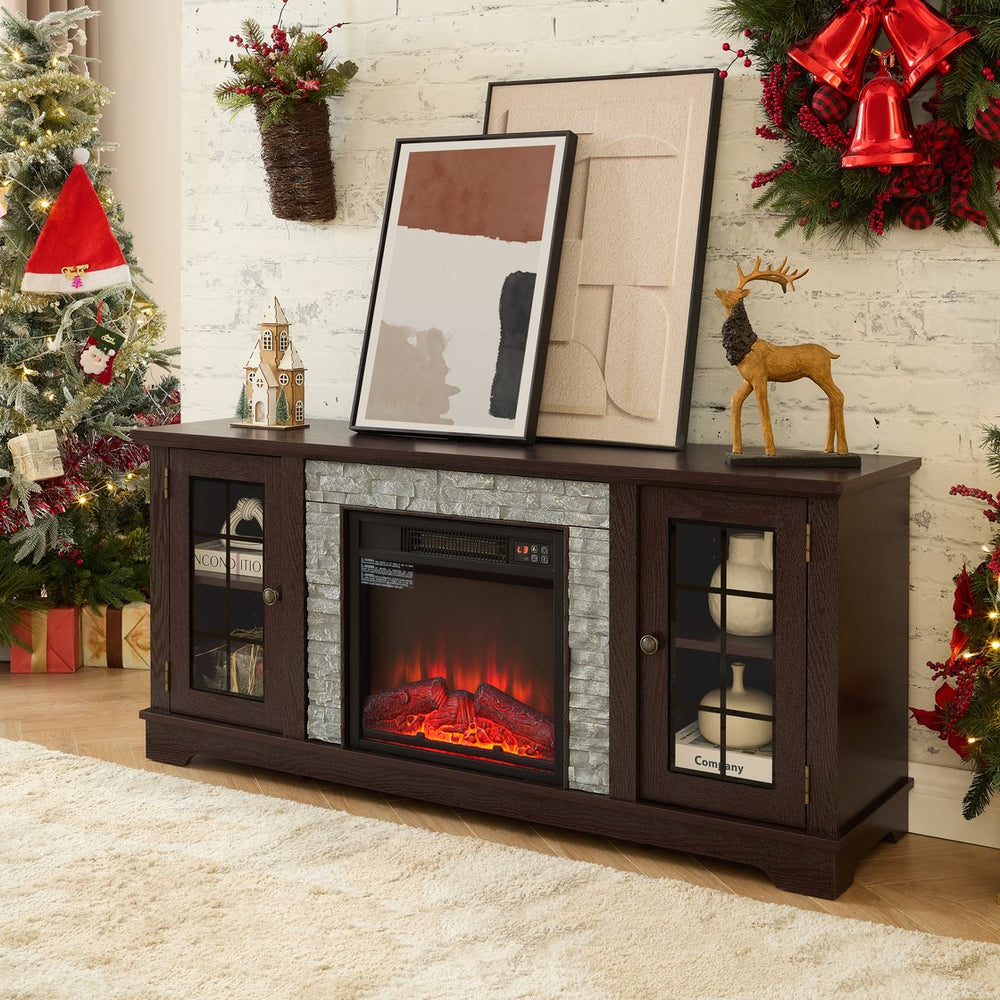 English Elm 58" Modern TV Stand with 18" Electric Fireplace, Faux Stone Mantel, Ample Storage & Cable Management for Living Room Comfort and Style Cherry W2275S00026
