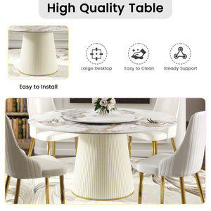 English Elm 59.05 "Modern Round Dining Table With Sintered Stone Top & Lazy Susan – Seats 6-8 People Comfortably" W1535S00451