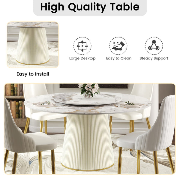 English Elm 59.05 "Modern Round Dining Table With Sintered Stone Top & Lazy Susan – Seats 6-8 People Comfortably" W1535S00451