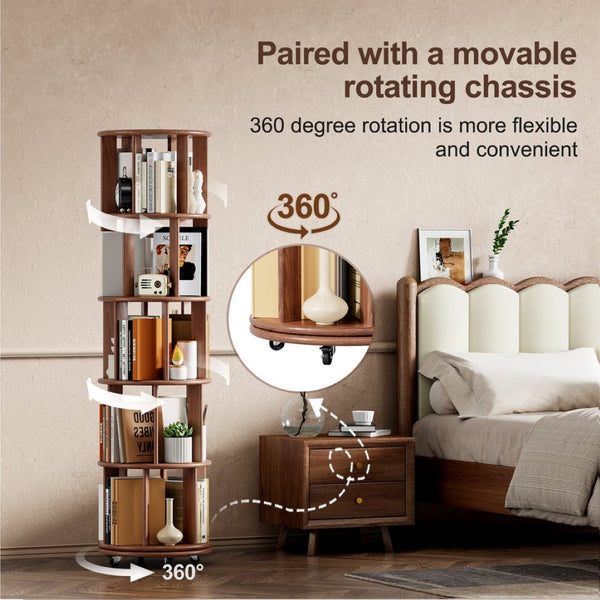 English Elm 100%solid Rubberwood Rotating Tower Bookcase with Locking Wheels 4 Tier Round Shelf W2987P337957