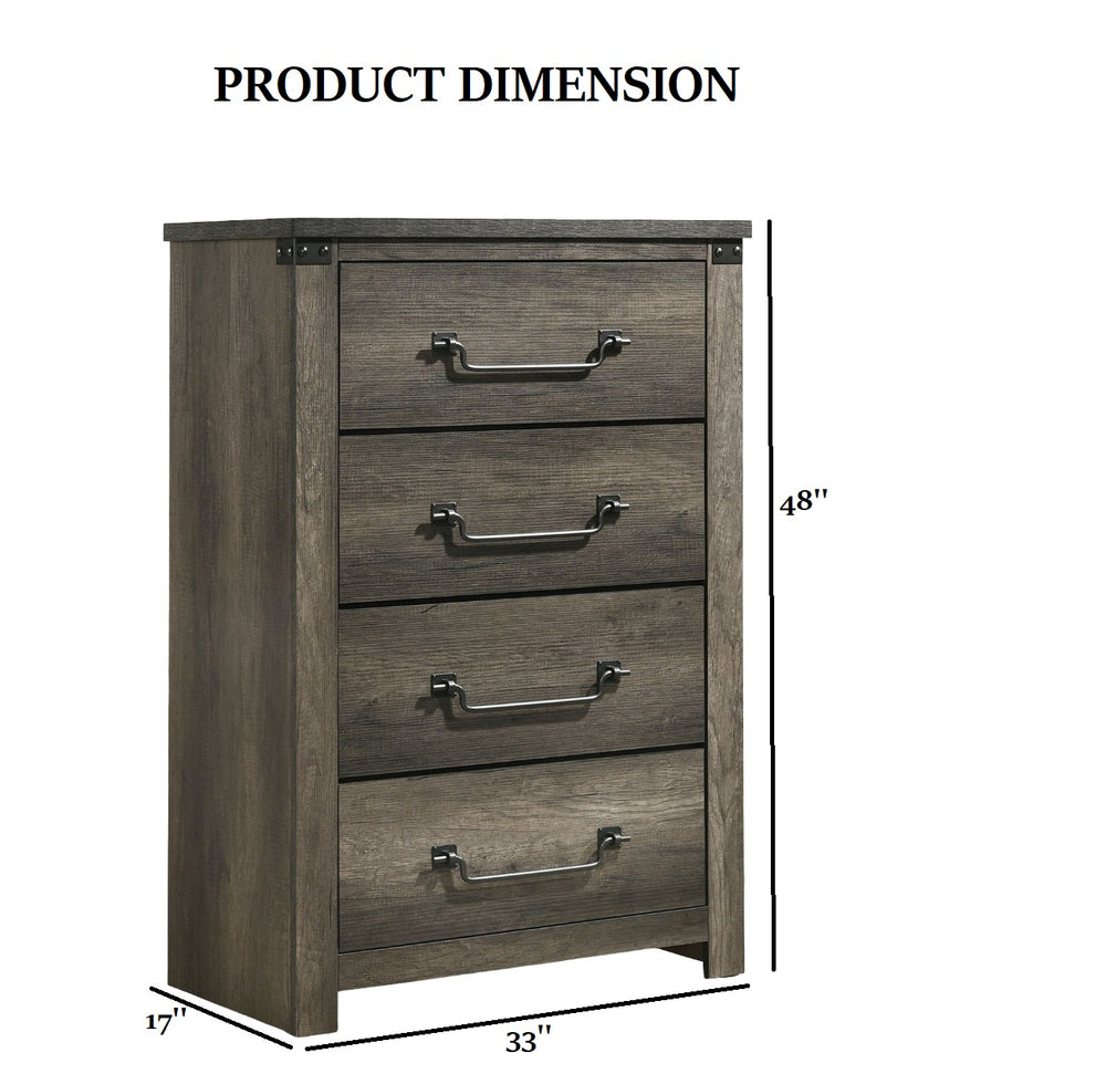 English Elm Rustic 4-Drawer Chest 33"W x 48"H Rustic Gray Finish Antique Brass Drop Handles English Dovetail Strength B2741P369850
