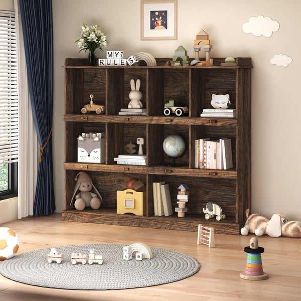 English Elm 10-shelf Bookcase with Cubby Storage and Label Holders, Melamine-Finish Wood Organizer for Home and Office Espresso W33165694