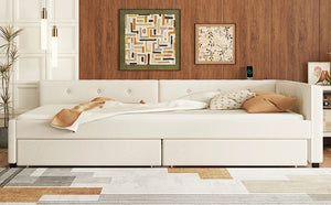 English Elm Full Full Size Upholstered Platform Bed with USB Ports, 2 Storage Drawers, Beige Linen Elegance DL000585AAA