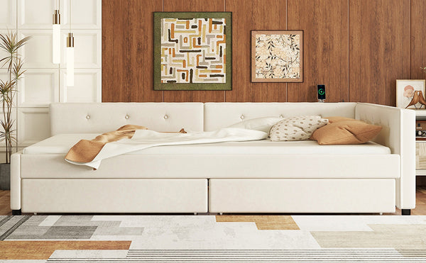 English Elm Full Full Size Upholstered Platform Bed with USB Ports, 2 Storage Drawers, Beige Linen Elegance DL000585AAA