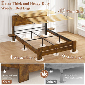 English Elm Farmhouse King Platform Bed Rustic Wood with Led Lighting and Built-in Charging Shelf W1550P366929