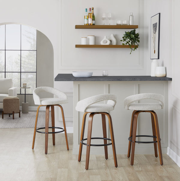English Elm Fixed-height Swivel Barstools Walnut Bentwood Legs Oat Fabric Kitchen Island Set B202S01854
