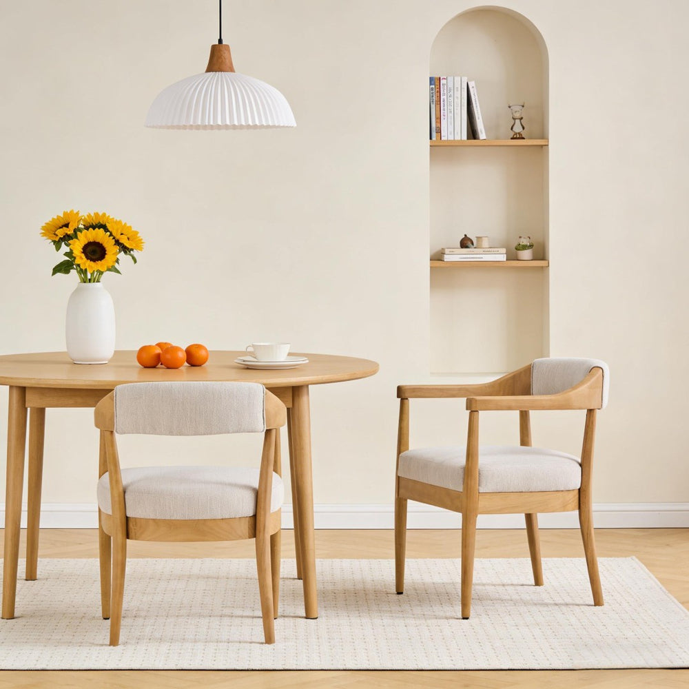 English Elm Wood Frame Upholstered Arm Dining Chairs Rubberwood Legs Beige Set of 2 N768P389408N
