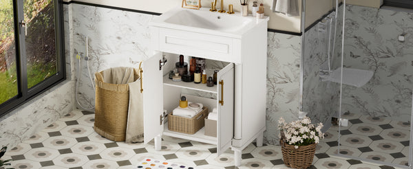 English Elm 24" Bathroom Vanity with Integrated Ceramic Sink and Adjustable Shelf, Vintage Hardware, Space-Saving Design White N710P277711K