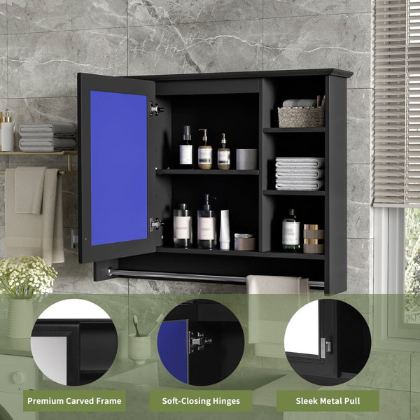 English Elm 3-in-1 Wall Mounted Medicine Cabinet with Soft Close Door Towel Bar and Vanity Mirror Black N710P358618B