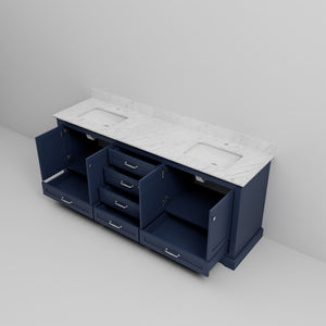 English Elm Navy Blue Double Bath Vanity 80” W X 22” D, Carrara Marble Countertop, Soft-Close Drawers & Storage B2731P258275