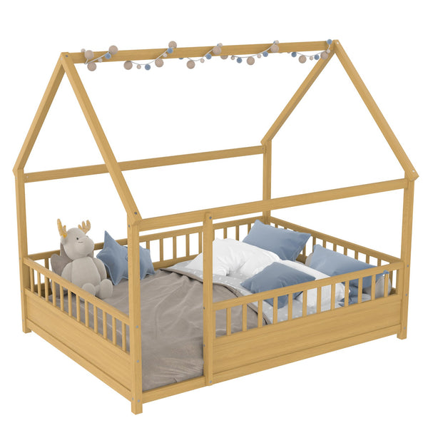 English Elm Full Full-Size Montessori Floor Bed with High Safety Fence, Clockwise Door, Pine Frame & Support Slats Natural W1858P310085