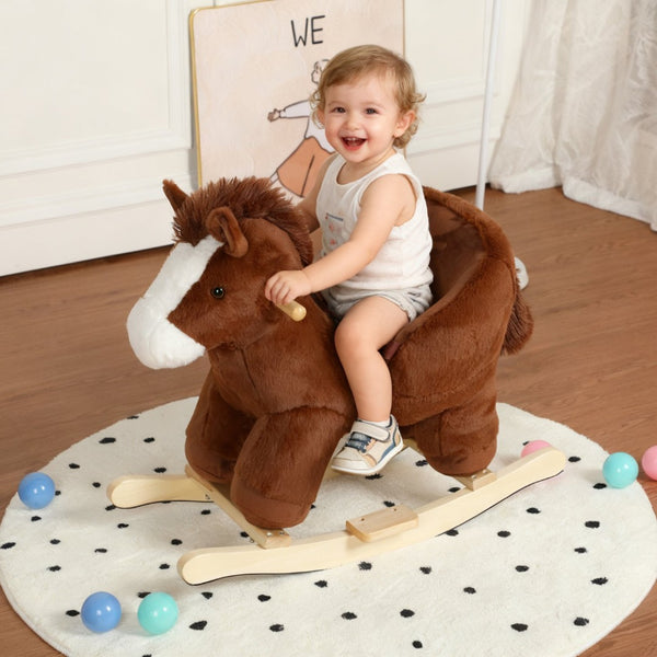 English Elm Kids Plush Rocking Horse Toddler Toy with Sound Box Hand Puppets and Secure Safety Belt W3723P374143