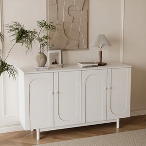 English Elm Stylish 4-Door Intaglio Storage Cabinet with Pine Legs and Solid Wood Pulls, Mid-Century Modern Console White W757P151917
