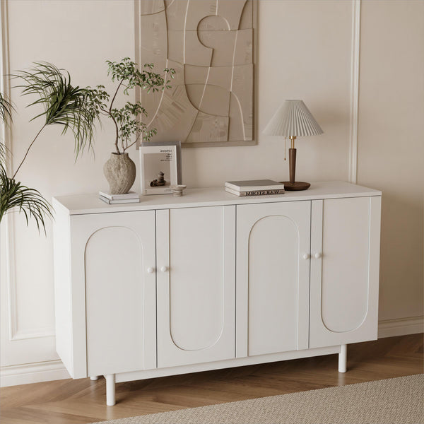 English Elm Stylish 4-Door Intaglio Storage Cabinet with Pine Legs and Solid Wood Pulls, Mid-Century Modern Console White W757P151917