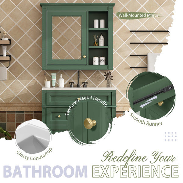 English Elm 30'' Modern Bathroom Vanity with Integrated Mirror Cabinet, Ceramic Sink, 3 Drawers & Ample Storage Green SW000126AAF-1