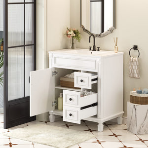 English Elm 30" French-Inspired Bathroom Vanity With Ceramic Sink, 2 Soft-Close Drawers & Adjustable Shelf Storage N710P323323K
