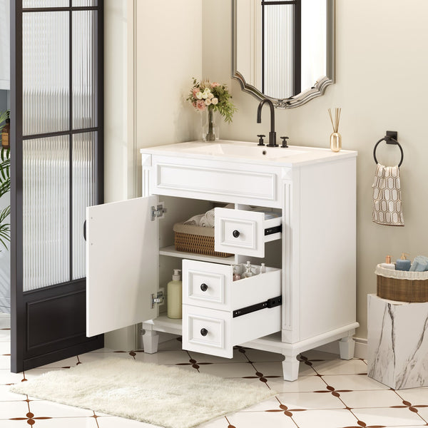 English Elm 30" French-Inspired Bathroom Vanity With Ceramic Sink, 2 Soft-Close Drawers & Adjustable Shelf Storage N710P323323K