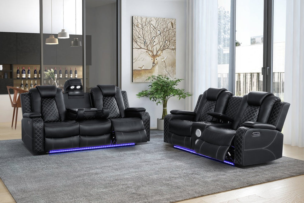 English Elm Leisureluxe Reclining Sofa Set with Led Lighting Wireless Charging and Storage Arms B2730S00015