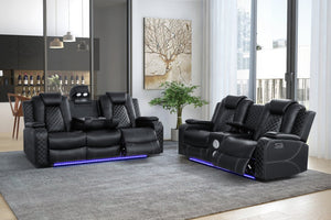 English Elm Leisureluxe Reclining Sofa Set with Led Lighting Wireless Charging and Storage Arms B2730S00015