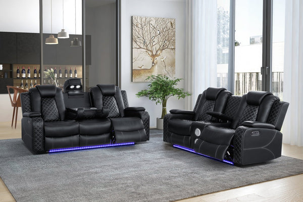 English Elm Leisureluxe Reclining Sofa Set with Led Lighting Wireless Charging and Storage Arms B2730S00015
