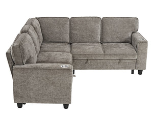 English Elm L-Shaped Sofa with Pull-Out Bed and Storage, 5-Seat Sectional with USB, Cup Holders, Cozy Chenille Light Brown W1998S00062