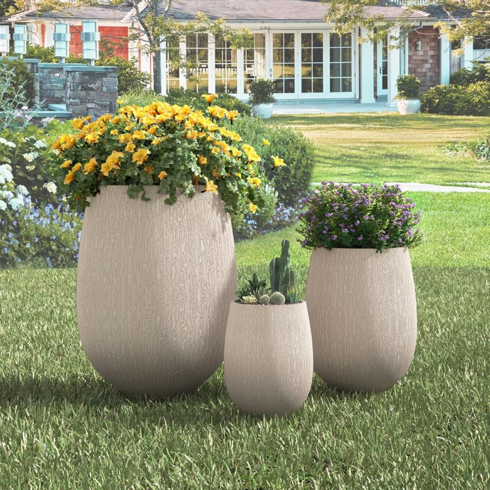 English Elm U_style Egg Shaped Mgo Stone Look Planters Set of 3 Sculptural Pots for Patio Garden N711P406659A