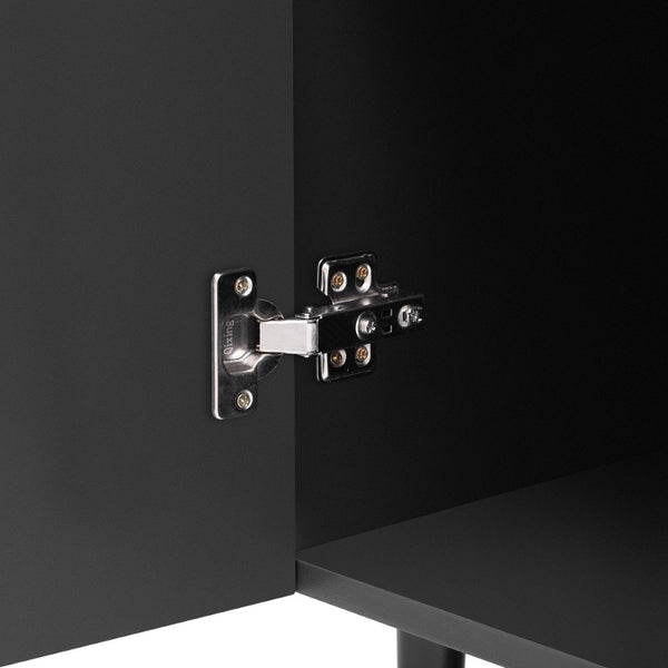 English Elm Mirod Lacquered Side Cabinet Geometric Door Panels Metal Legs Adjustable Interior Shelves Black N760P221050B