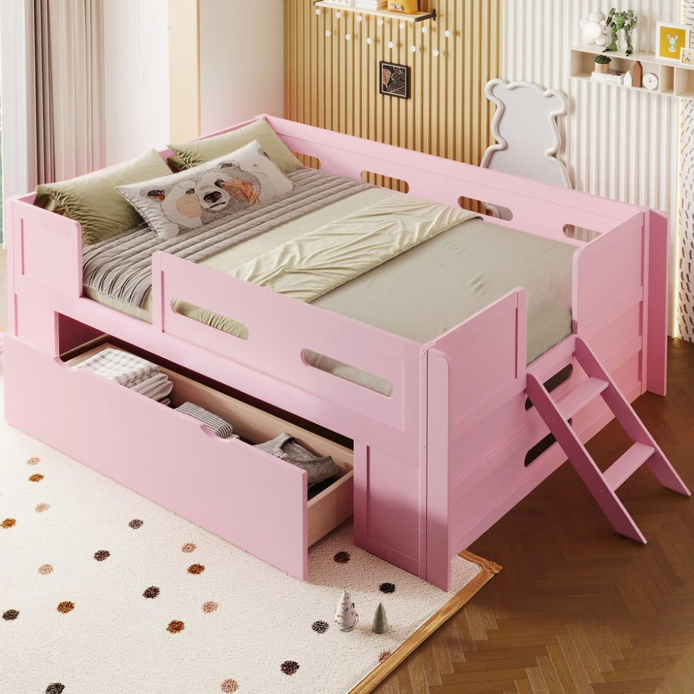 English Elm Wood Twin Platform Bed for Kids with Fence Guardrail and Under Storage Drawer Pink N709P385777H