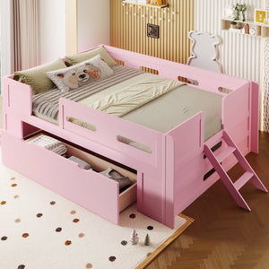 English Elm Wood Twin Platform Bed for Kids with Fence Guardrail and Under Storage Drawer Pink N709P385777H