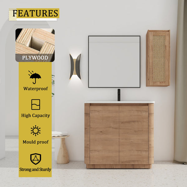 English Elm 36'' Freestanding Bathroom Vanity With Glossy Ceramic Sink & Soft-Close Doors For Stylish Storage W999S00402
