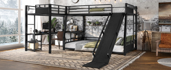 English Elm L-shaped Metal Triple Bunk Bed with Slide Desk Shelves Sleep Study Play Zone W1580S00280