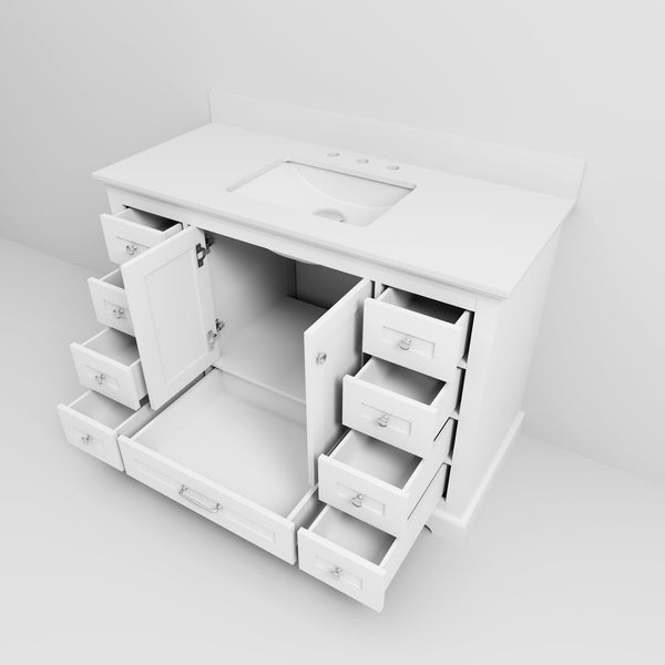 English Elm White 48 in. Single Bath Vanity with White Quartz Top, Solid Wood, Soft-Close Drawers, Storage B2731P258207