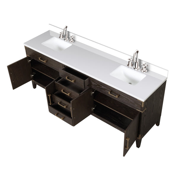 English Elm Brown Oak Double Bath Vanity With White Quartz Top & Chrome Faucet Set - Elegant Storage Solution B2731P259967