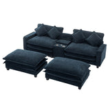 English Elm 112.6" Sectional Sofa Chenille Upholstered Sofa With Two Removable Ottoman, Two Usb Ports, Two Cup Holders and Large Storage Box For Living Room, Blue