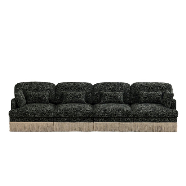 English Elm 131" Chenille Leopard Sectional Sofa Modular 4 Seat Deep Cushion Tassel Trim Green W5656S00034