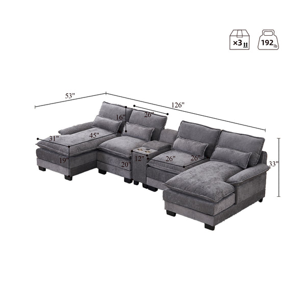 English Elm 123*55" Modern U-Shaped Sleeper Sofa with Double Chaise, Console, Cupholders & USB Ports, Grey W3401S00002
