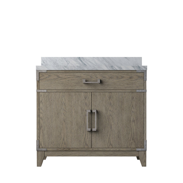English Elm Grey Oak Single Bath Vanity With Carrara Marble Top - Elegant Design, Soft-Close Doors & Storage Solutions B2731P259788