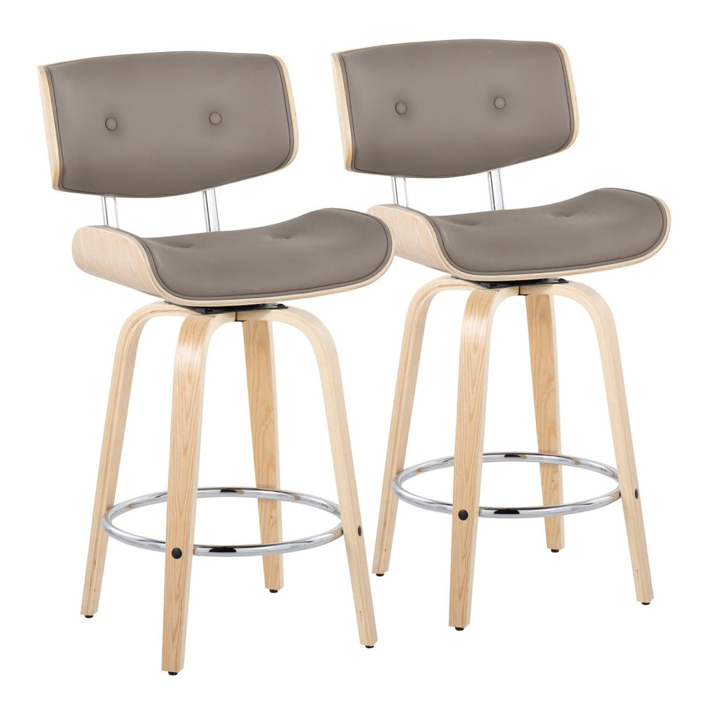 English Elm 26" Swivel Counterstools with Tufted Faux Leather Walnut Legs and Chrome Footrest Set of 2 B202S00346